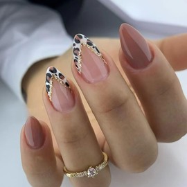 Ceboic 24 Pcs False Nails Short French Tip Press on Nails Almond Brown Leopard Print Fake Nails Glossy Acrylic Full Cover Glue on Nails Cute Stick on Nails for Women Girls Manicure Decoration