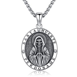 Shusukue Santa Muerte Necklace for Women Men Sterling Silver Grim Reaper Necklace Santa Muerte Pendant with Prayer Cross Vintage Skull Necklace