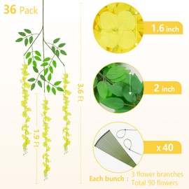 BLEUM CADE 36Pcs Yellow Fake Wisteria Hanging Flowers, 3.6Ft/Pcs Artificial Wisteria Garland, Hanging Flowers for Wedding Party Home Backdrop Wall Decoration