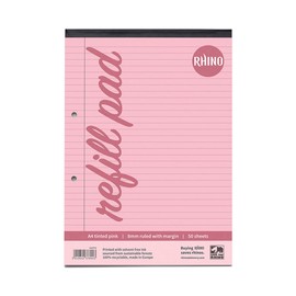 RHINO A4 Refill Pad, Writing Pad, 100 Page / 8mm Lined with Margin, 1 Pack, Pink Lined Writing Paper for Dyslexia & SEN, Office & School Stationery Supplies