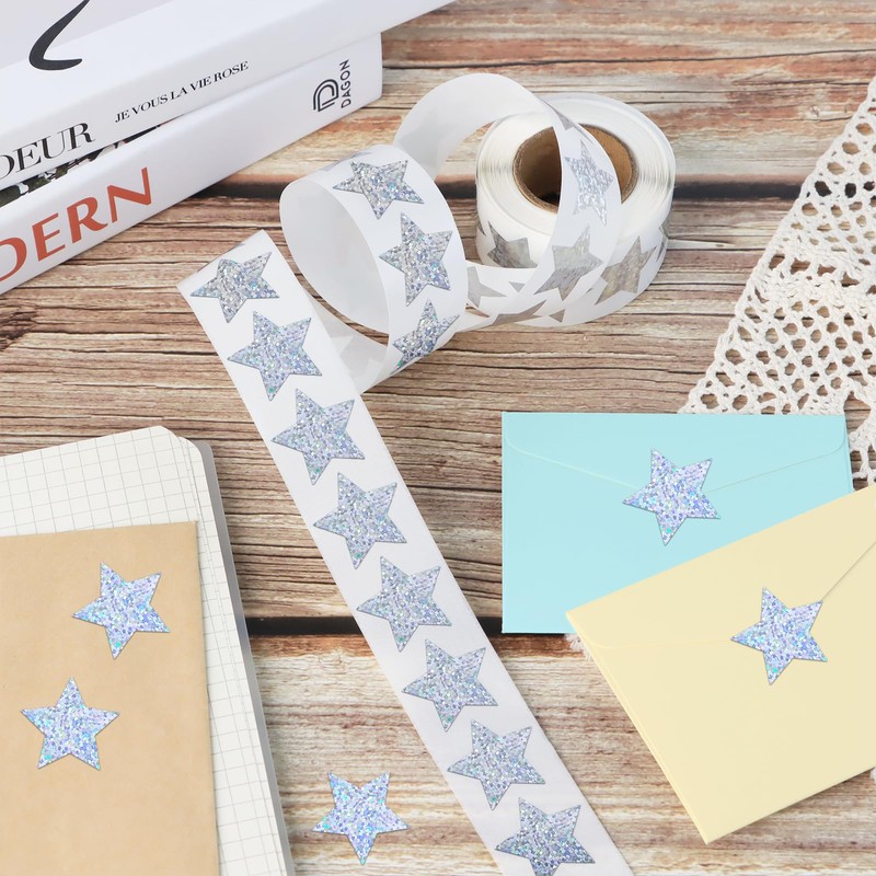 500 PCS Holographic Sparkly Silver Star Stickers, 1 inch Self