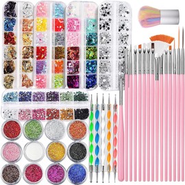 Kit de Arte de uñas, Kit De Accesorios Decoración Uñas con Pinceles para DIY Uñas,Juego de Manicura Diseño con Brillo Fino, Mariposa de Uñas,Accesorios Decoración Copos de Hoja de Oro, Diamantes de Imitación para Arte de Uñas y Cepillo para Polvo