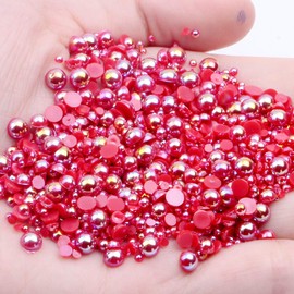 Mixed Size 2/3/4/5/6mm 1000Pcs Imitation Pearls Bead Half Round Flatback Pearl Rhinestones Beads Nail Art Crafts DIY Gem Decoration (09 Red AB)