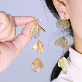 Statement Gold Leaf Earrings for Women Trendy, Dainty Ginkgo Leaf Long Tassel Dangle Earrings Bohemian Leaves Zircon Stud Boho Fairy Ear Jewelry Gifts (Gold)
