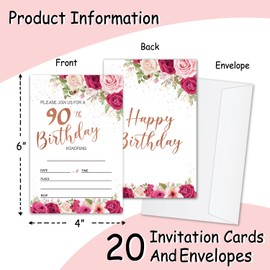 oayGnay 90th Birthday Party Invites Cards for Adults, 90 Years Old Birthday Invitations for Women Men, 20 Invitation Cards With Envelopes Floral Birthday Party Supplies -a06