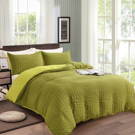 Olive Green Seersucker Bedding Set Puckering Duvet Cover Set Soft Microfibre Seersucker Duvet Cover Double Size 200×200cm