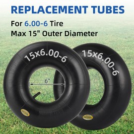 GICOOL 15x6.00-6 Inner Tube(2-Pack), Replacement Lawn Mower Tire Tubes, Heavy-Duty Inner Tube with TR-13 Valve Stem - for Ride-on Mower, Yard Trailers, Tractors, Go Karts, Golf Carts, ATVs and More