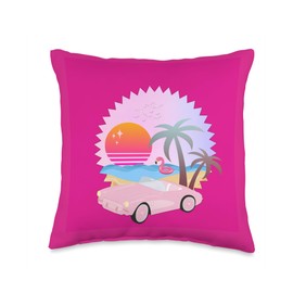 Fun In the Sun Hot Pink Summer Design Co. Pink Sunset Beach Palm Trees Convertible Flamingo Pool Toy Throw Pillow, 16x16, Multicolor