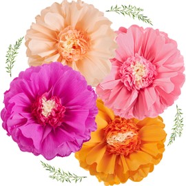 EASY JOY 4 Pieces 20 Inch Hot Pink Orange Party Decorations Giant Paper Flowers Tissue Paper Flowers Decorations Spring Party Decorations Flower Birthday Party Tissue Paper Pompoms