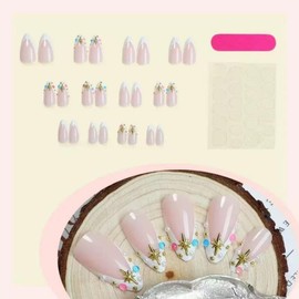 French Tips Press on Nails Medium Almond Glue on Nails with Colorful Rhinestone Design Gold Star False Nails Nude Pink Stick on Nails Glossy Summer Fake Nails for Women Girls Manicure 24Pcs