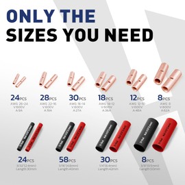 haisstronica Non Insulated Butt Connectors Kit, AWG 26-8 120pcs Bare Copper Splice Terminals with 120pcs 3:1 Heat Shrink Tubing for Automotive Marine，Precision chamfered Uninsulated Wire Connectors