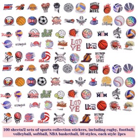 100pcs Sports Balls Stickers Basketball Football Baseball Volleyball Soccer Rugby Stickers Waterproof Self-Adhesive Sticker for Sunday Game Day Sports Supplies Ball Themed Party Decorations