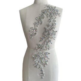 Handmade Shining Acrylic Rhinestones on lace Applique Sewing Beads Stones Trim Patches Accessories for Wedding Dress (Clear AB)