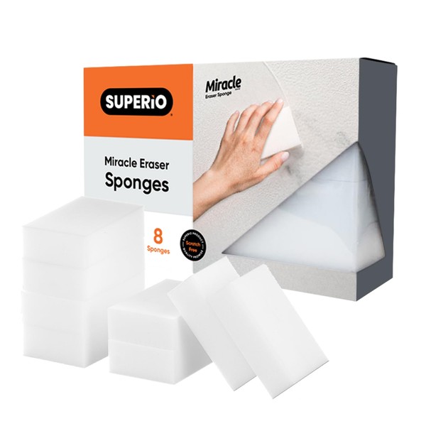 Superior Magic Eraser Sponge Cleaning Sponge for Floor, Wall, Melamine Sponge Furniture Removes Scuffmarks, Dirt, and Tough Stains, Pack of 8, by Superio