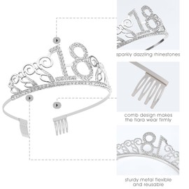 18th Birthday Sash & Rhinestone Tiara Set, 18th Year Old Birthday Gifts for Her Party Decorations for Girls (18th-Silver)