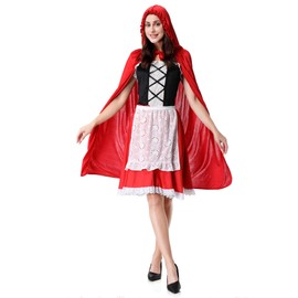 maxToonrain Little Red Riding Hood Costume Adult Plus Size Velvet Cape Floral Fairytale World Book Day Fancy Dress for Women