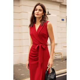 GRACE KARIN GRACE KARIN Elegant Wrap Dress with Belt - Red Formal Business Size 14