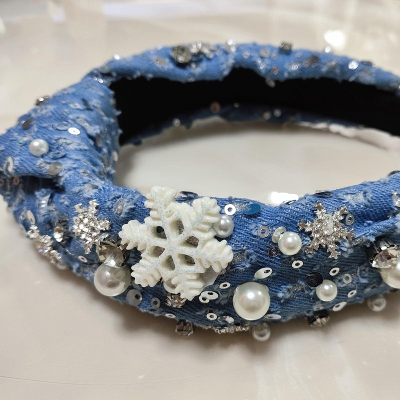 SHESRA Christmas Hair Bands Denim Fabric Rhinestones Pearl Snowflake Headband