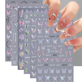 6 Sheets Pink Butterfly Nail Stickers 3D Self-Adhesive Nail Art Stickers Laser Shiny Butterfly Nail Decals Spring Butterflies Nail Design Stickers for Women Nail Charms Acrylic Manicure Decorations