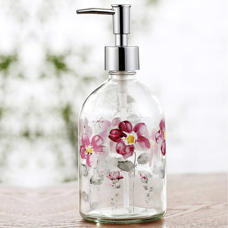 17oz Flower Glass Soap Dispenser Bottle with Plastic Pump,Set of