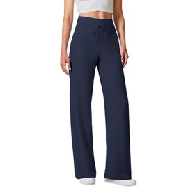 Womens Yoga Pants Straight Leg Work Pants Casual Stretchy Pull On Slacks with Drawstring Navy