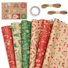 POPOYU Christmas Wrap Gift Wrapping Paper, Recycled Kraft Paper, 6 Folded Sheets 70x50cm Gift Wrapping Paper with Hang Tags Tapes Twine Reindeer Elk for Xmas Party Gifts Present, Christmas Decoration