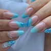 24PCS Blue Glitter French Tip Press on Nails, Medium Almond