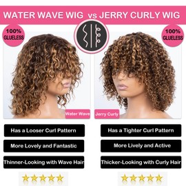 Mjiokii Short Bob Wigs Human Hair with Bangs (P427-Water Wave-180, 12 Inch)