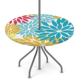 Colorful Flower Round Outdoor Tablecloths with Umbrella Hole Flower mandala Circle Fitted Table Cloth with Elastic Zippered Tablecloth 45"-56" Waterproof Table Cloth Round Table Cover for Patio