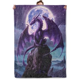 TRYYN Full Moon Mystic Dragon Throw Blanket for Couch Picnic Camping Bedroom Decor, Night Sky Majestic Purple Dragons, Super Soft Cozy Plush Fluffy Fleece Blankets Gifts for Adults, 60x50 Inch