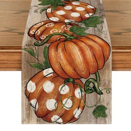 Artoid Mode Polka Dot Pumpkins Vine Autumn Table Runner, Seasonal Fall Wood Kitchen Dining Table Decoration for Home Party Decor 40x140 cm