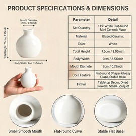 Mini White Ceramic Bud Vase Flat Round Glossy Table Decor