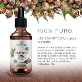 Aceite de Ricino 100% Puro y Orgánico 60 ml Castor Oil Prensado en Frío, Sin Hexanos Crecimiento de Cabello, Pestañas y Cejas Engrosa Barba Hidratación Profunda para Piel, Uñas y Cutículas