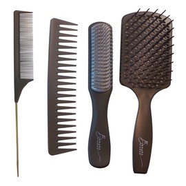 Detangling 4 Pcs Hair Brush & Comb Set For Men and Women, Great For Wet, Dry or Curly Hair (Black)