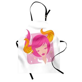 Ambesonne Zodiac Taurus Apron, Abstract Woman Illustration Pink Hair and Orange Horns Female Taurus Portrait, Small Apron Bib with Adjustable Ties for Baking Painting, Small Size, Multicolor