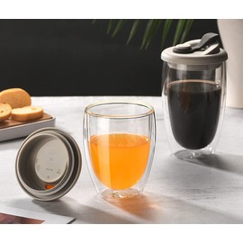 RROAD Glass Coffee Cup Double Wall Insulated Coffee Travel Cup with Silicone Lid Lovely Cup for Christmas Anniversary and Birthday (350ml, Orange)