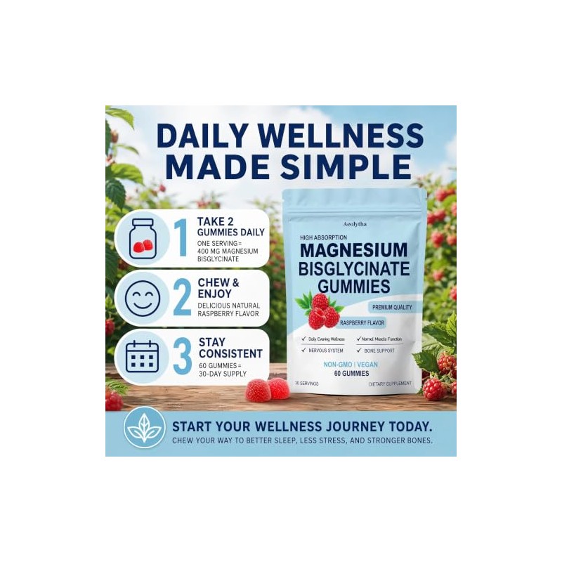 Magnesium Bisglycinate Gummies, High Absorption, Raspberry Flavour, Improved Sleep, Neural