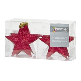 Shatterproof Christmas Stars 6 Pack 100mm Premier Christmas Tree Decoration, glitter Star Baubles (Red 6082)