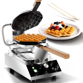 PYY Bubble Waffle Maker - Commercial Egg Puff Waffle Iron Machine, 180° Rotating, Non-stick Coating, 1500W Hong Kong Electric Stainless Steel, 122-482℉, 30 Egg Cones