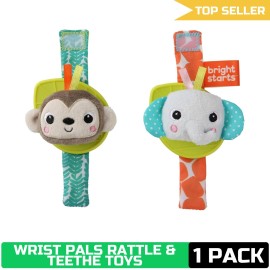 Bright Starts Rattle & Teethe Wrist Pals Toy - Monkey & Elephant, Newborn +