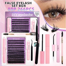 HBZGTLAD New DIY Lash Extension Kit 266pcs Individual Lashes Cluster 9-16mm Mix 40D 50D 60D 80D with Lash Bond and Seal and Remover Lash (zi 50D kit)