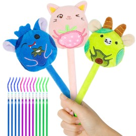 Plush Pens 3 Pack - Cute Pens with Soft Grip - Fun Pens for Kids Drawing & Writing - 12 Glittery Refills - Stocking Stuffers for Girls - School Supplies for Girls Boys - Christmas Gifts for Kids