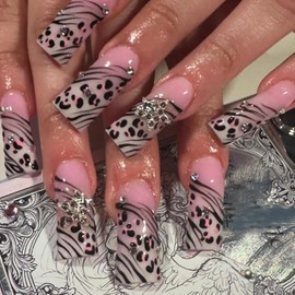 Press on Long Nails Coffin Shaped Acrylic Glossy Full Cover Long Square French False Nails with Designs Artificial Extra Square Long Fake Nails with Charms Glue ons Fingernails for Women(JP3508)