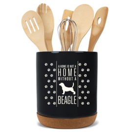 Elanze Designs Home Without A Beagle Puppy Dog Pawprint X-Large Cork Bottom Ceramic Stoneware Utensil Holder, Spatula Caddy, Crock Container, Kitchen Storage Organizer Home Décor, Sleek Black