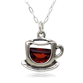 EnCharmed Sterling Silver Coffee Cup Charm Necklace with Red Cubic Zirconia, Barista Caffeine Pendant Jewelry