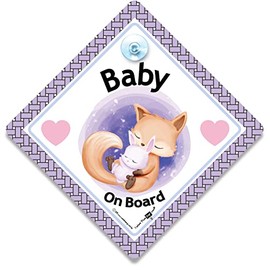 Baby On Board Sign, Baby Fox Car Sign, Baby on Board Sign, Grandchild On Board Car Window Sign Designed to Let Other Road Users Baby is in The Car, 14 cm x 14cm x 2cm