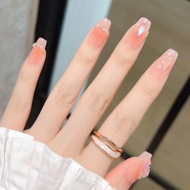 Pure Handmade Nails Press on Nail Reusable Fake Nails Red&Golden RhineStones Bling Bling Medium Stick on Nails French Tip False Nails 10pcs (XS, Q316 NAILS)