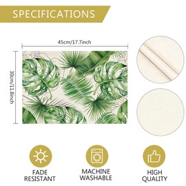 Tarklanda Palm Tree Leaves Place Mats Set of 4 Green Tropical Leaves Place Mats Summer Decor for Home Restaurant Holiday Party 30 x 45 cm