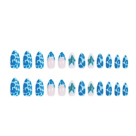 Almond Press On Nails Medium Blue Fake Nails with Designs Glitter Nude Fall False Nails Press Ons Star Nail Tips Full Cover Acrylic Artificial Thanksgiving Nails Stick On Nails for Women Girls 24PCS
