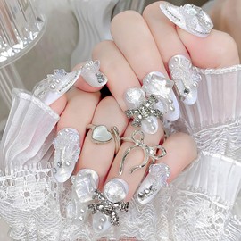 RikView Almond Press on Nails Medium Fake Nails White Nails with Big Rhinestones Glossy Full Cover Nails for Women 24 PCs/Set